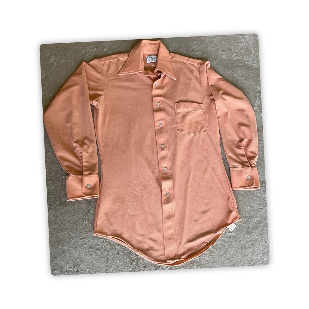 Vintage Arrow Carlton Knits Mens 14.5 32 Peach Disco Shirt 70s Poly